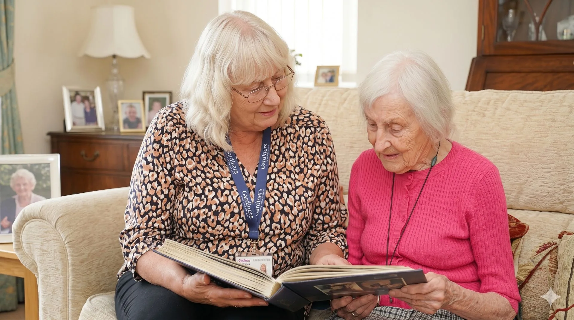 A Gardiner's carer sitting with a client on a sofa, sharing a moment of warmth